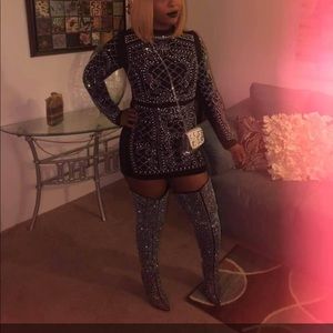 Iridescent black studded mini dress